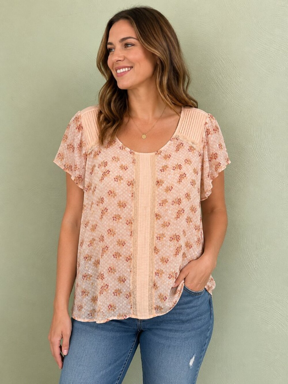Peach Floral Swiss Dot Blouse XL Sheer Overlay Boho Cottagecore